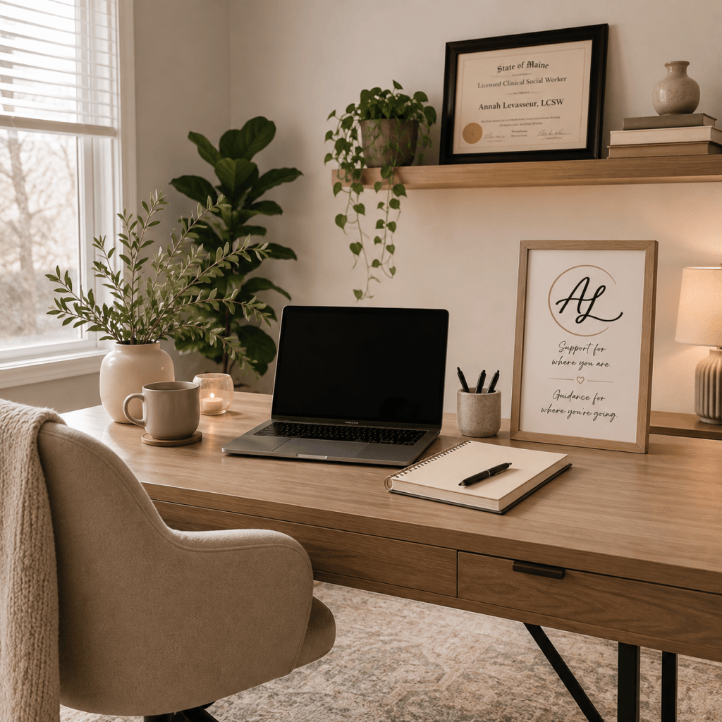 Warm, welcoming therapy office for Annah Levasseur Therapy in Maine